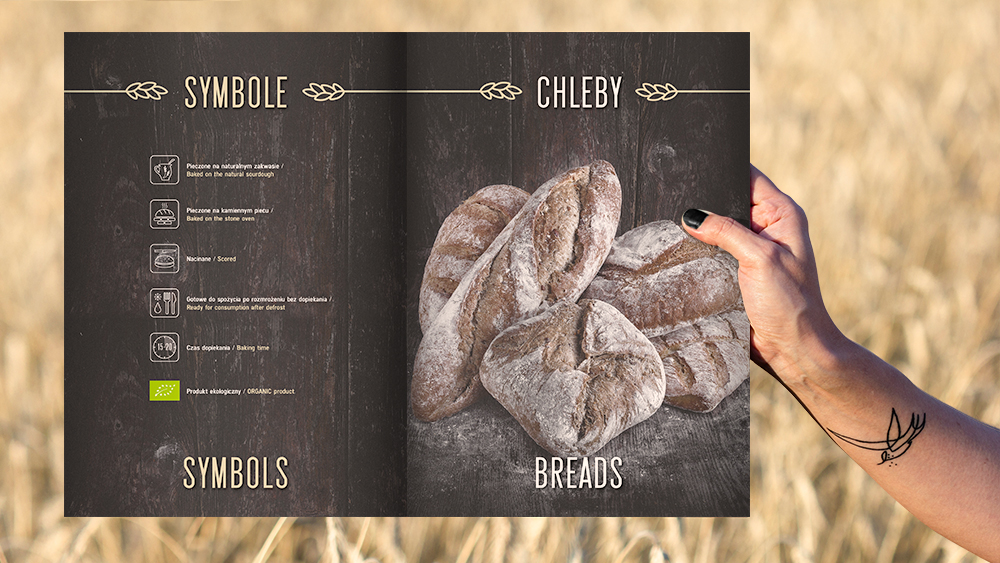 Projekt graficzny katalogu Zakładu Piekarniczego Omar, rozkładówka z ofertą piekarni.