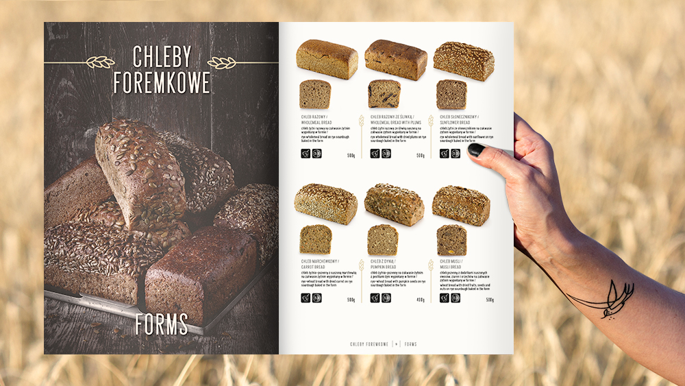 Projekt graficzny katalogu Zakładu Piekarniczego Omar, rozkładówka z ofertą piekarni.